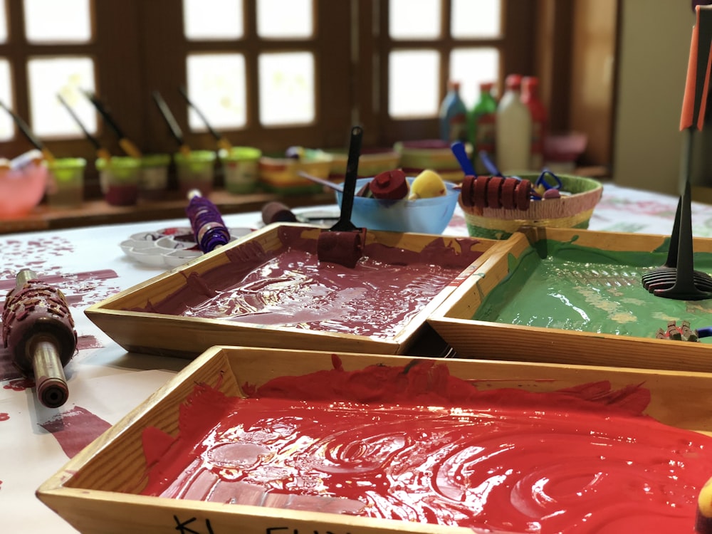 Trays of paint for a classroom art activity